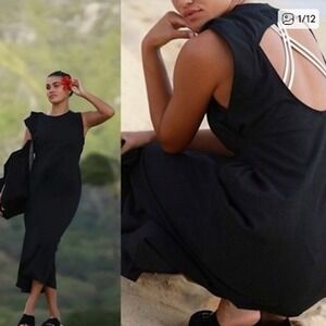 Free People Beach Simone Black Sleeveless Cotton Midi Dress Cut Out Back Small‎